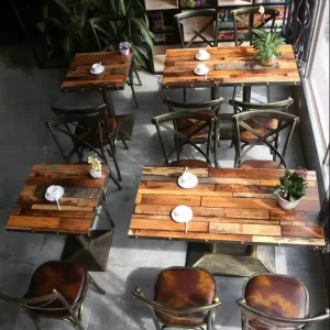 Customized Retro Industrial Fast Food Furniture Wooden Cafe Restaurant Tables and Metal Leather Chairs
