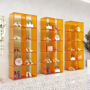 Customized Shopping Mall Showroom Acrylic Furniture Clear Colorful Shoes Bags Display Storage Rack Cabinet Stand