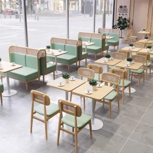 Customized Southeast Asian Solid Wood Iron Frame Restaurant Tables Chairs Set Booth Seat Cafe Shop Modern Design Commercial