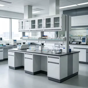 Customized Steel Island Lab Bench with Modern Panel Design for School Hospital Workshop Use