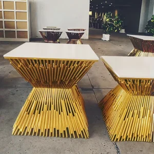 Customized Table Size Hotel Event Furniture Gold Stainless Steel White MDF Top Wedding Table