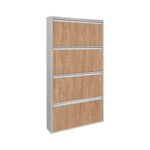 Customized Ultra-thin Flip Down Steel Shoe Cabinet 4 Tiers Wall Mounted Printed Wood Grain Shoe Storage Cabinet