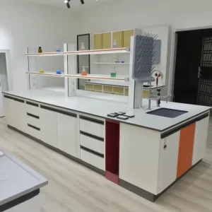 Customized University School Chemical Laboratory Furniture Reagent Shelf with Led Light Full Steel Lab Island Table