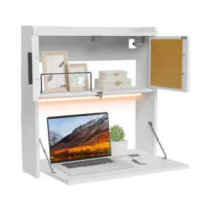Customized Wall Mounted Desk With LED Light Folding Laptop Table Computer Workstation With Storage Space Saving for Home Office