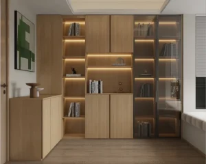 Customized Whole House ENF Eco-Friendly Multi-Layer Wood Bookshelf OSB Cabinet With LED Lighting & Glass PET Door