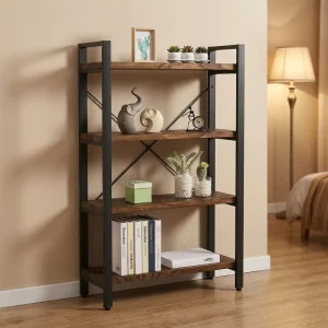 Customized Wood Multifunction 4 Tier Rustic Vintage Industrial Etagere Bookcase Open Metal Wood Bookshelf Retro Brown