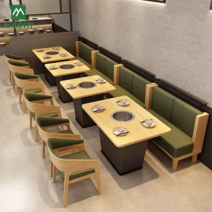 Customized commercial wooden restaurant booths and sofas barbecue or hot pot restaurant commercial table and chair sets