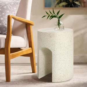 Cylinder Arch Cutout MgO Side Table Speckled Terrazzo Movable Modern Coffee Table Weatherproof Indoor Outdoor Accent End Table