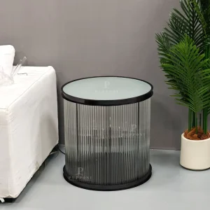 Cylindrical Vertical Ribbed Glass End Table With Illuminated Led Strip for Modern Villa Hotel Bedroom Lounge Decoration