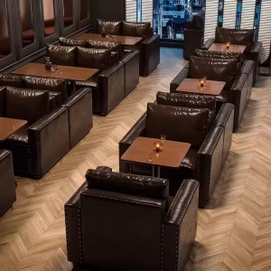 Dark Brown Nailhead Leather Lounge Armchair Whiskey Coffee Globe Cabinet Bar for Whisky Bar Coffee Bar Cigar Lounge Seating