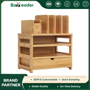 Dark Carbonized Bamboo 4 Tier Oblique Desk Pen Holder Desktop Storage Rack Organizer with Drawer for Desk