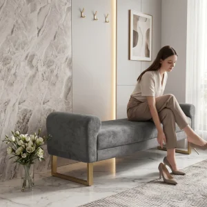 Dark Grey Chenille Upholstered Dining Bench with Gold Metal Frame Modern Luxury Ottoman for Bedroom & Hotel Use