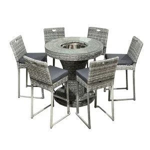 Dark Grey Half Outdoor Dining Bar Set Aluminum Frame 6 Seat UV resistant PE Rattan Chairs Waterproof Modern Ice Bucket Bar Table