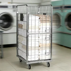 Demountable Laundry Roll Cage Trolley Galvanized Steel Wire Mesh Removable Sides Heavy Duty for Hospital Linen Logistics