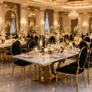 Design Hotel Indoor Stainless Steel Base Furniture Marble Top Rectangle Dining Party Table 6 Seater for Event Wedding Rental