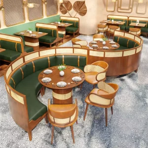 Design Wood Upholstered Cafe U Shape Leather Booth Seating Restaurant Dining Table and Chairs Corner Banquette Seating