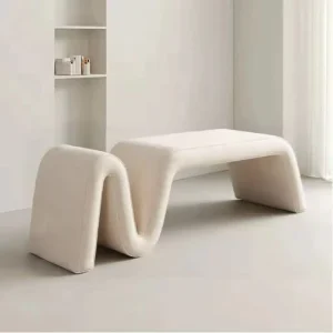 Designer Cream White Creative Solid Wood Bench Tea Room Lounge Showroom for Hotel Office Shopping Mall Irregular Shaped Bench
