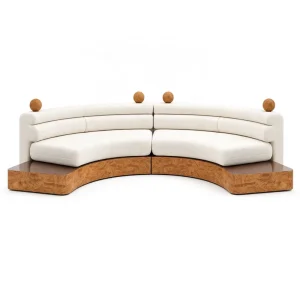 Designer Style Sculptural Curved Sofa Unique Wood Veneer Base Fabric Couch Post modern Lobby Sofa for Villa Project
