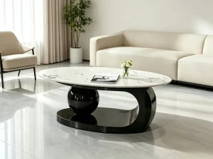 Designer Unique Shaped Coffee Table Natural Sintered Stone Tabletop Polished Black Metal Support Modern Home Decor Center Table