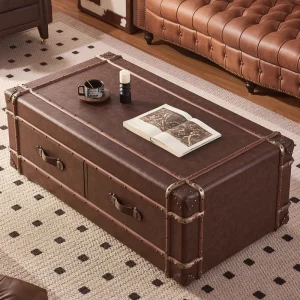 Designer Vintage Style Waxed Leather Coffee Table Perfect for the Living Room or Cigar Lounge No Assembly Required Suitcase Tea Table