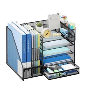 Desk Organizer with File Holder 5 Tier Paper Letter Tray Organizer with Sliding Drawer and 2 Pen Holder Mesh File Organizer