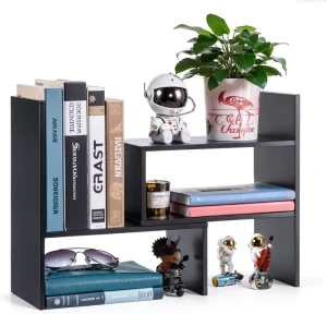 Desk Shelf Adjustable Desktop Bookshelf Small Book Shelf Desk Book Storage Wooden Desktop Organiser for Office Study Black