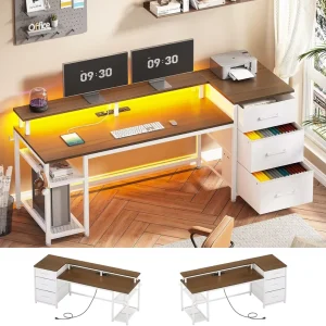 Desk with Lock Drawers for Legal and Letter File Gaming Desk with LED Light Power Outlet Home Office Desks for Printer