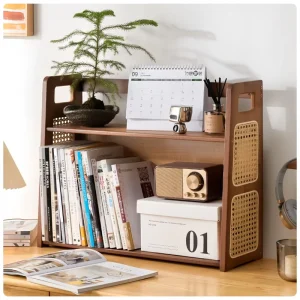Desktop Bookshelf Bamboo Tabletop Book Organizer 2 Tier Desk Storage Shelf Magazine Book for Home Office Bedroom Study