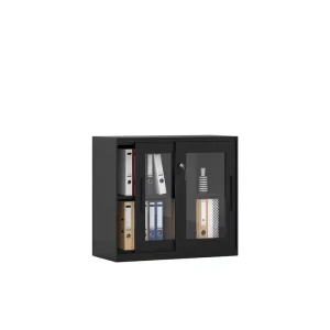 Detachable Black Steel Cabinet with Glass Sliding Doors, Compact Lockable Storage for Files, Archives & Documents