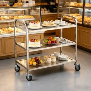 Detachable Square Tube Central Kitchen Trolley Cart Stainless Steel 3 Shelf Steel Food Service Cart