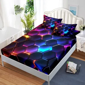 Digital Print Neon Hexagonal Honeycomb Fitted Sheet Set Geometric Pattern Bedding Bed Sheets Set