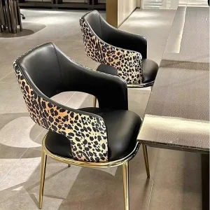 Dining Chair Leopard Print Stainless Steel Gold Black