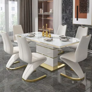 Dining Table Set 6 Seater Marble Top Luxury Matching Chairs for Stylish Home or Restaurant Customization Stone
