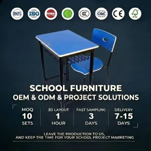 Direct Manufacturer Ergonomic Student Desk and Chair Set Blue Metallic Storage Basket School Furniture Classroom Projects