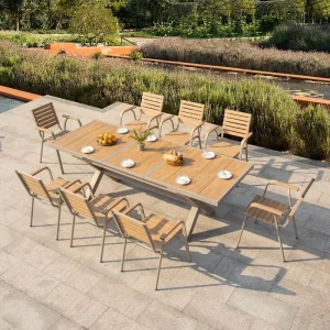 Direct Supplier Modern Outdoor Dining Set Aluminum Frame Plastic Wood Table and Chairs for Hotel