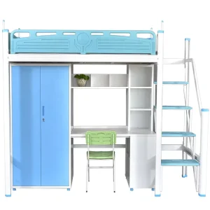 Dormitory Bed with Storage Cabinet, Steel Metal Up and Down Bed Frame with Stair