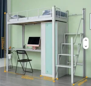 Dormitory Queen Size Modern Metal Loft Bunk Bed with Storage and Stairs for Hotel Apartment Bedroom School Hospital Living Room