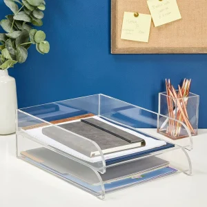 Double Clear Acrylic Letter Tray Stackable 2 Tier File Organizer for Paper Document Office Desktop Magazine Rack
