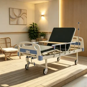 Double Crank Hospital Bed with Dining Table and IV Pole Medical Patient Bed with Mattress