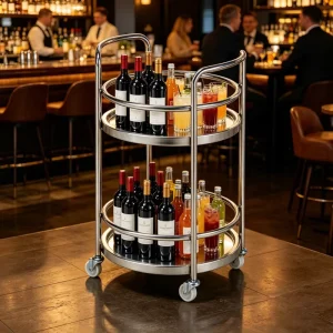 Double Layer Catering Party Beverage Service Wine Display Trolley Round Mobile Red Wine Bar Cart with Wheels