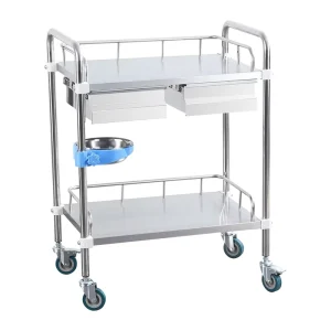 Double Layer Double Drawer Assembled Stainless Steel Medical Trolley with Dirt Basket and Silent Casters
