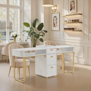 Double Nail Tech Desk Storage Drawers Modern Manicure Table Built in AC USB Ports 2 Person Acetone Resistant Wooden Nail