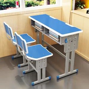 Double Person Student Desk and Chair Set Adjustable Height 2 Student School Study Table with Durable Metal Frame for Classroom