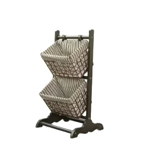 Double Rattan Storage Basket Wooden Sundries Magazine Rack Durable Stylish Wooden Storage Holder