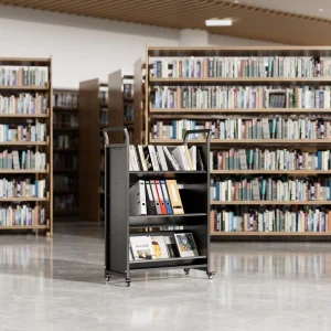 Double Sided Modern Book Trolley Mobile Library Equipment Book Carrier Movable Steel Book Cart School Supermarket Gym Hotel