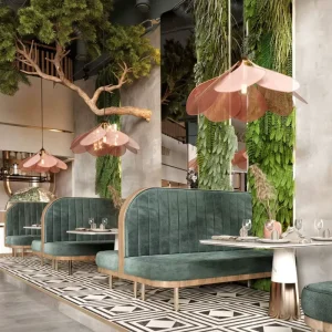 Double Sided Restaurant Sofa Dining Table Set Solid Wood Commercial Furniture for Hotel Lobby Living Room Outdoor Use Modern