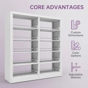 Double Sided Steel Bookshelves for School Offices and Stable Metal Book Storage Racks for Public Reading Rooms