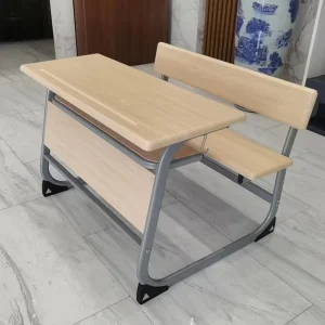 Double Student Desk and Bench Set Wooden School Classroom Furniture with Durable Metal Frame
