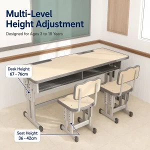 Double Student Desk and Chair Set Height Adjustable Reinforced Steel Frame Ergonomic Classroom Furniture for Middle High School