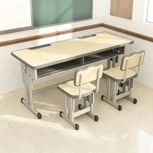 Double Student Desk and Chair Set Height Adjustable Reinforced Steel Frame Ergonomic Classroom Furniture for Middle High School